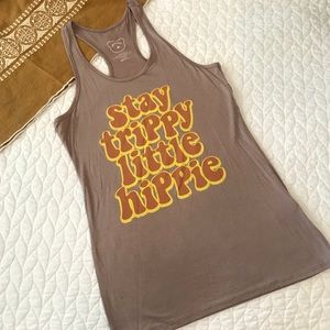 Stay Trippy Little Hippie Racerback Taupe Tank Top